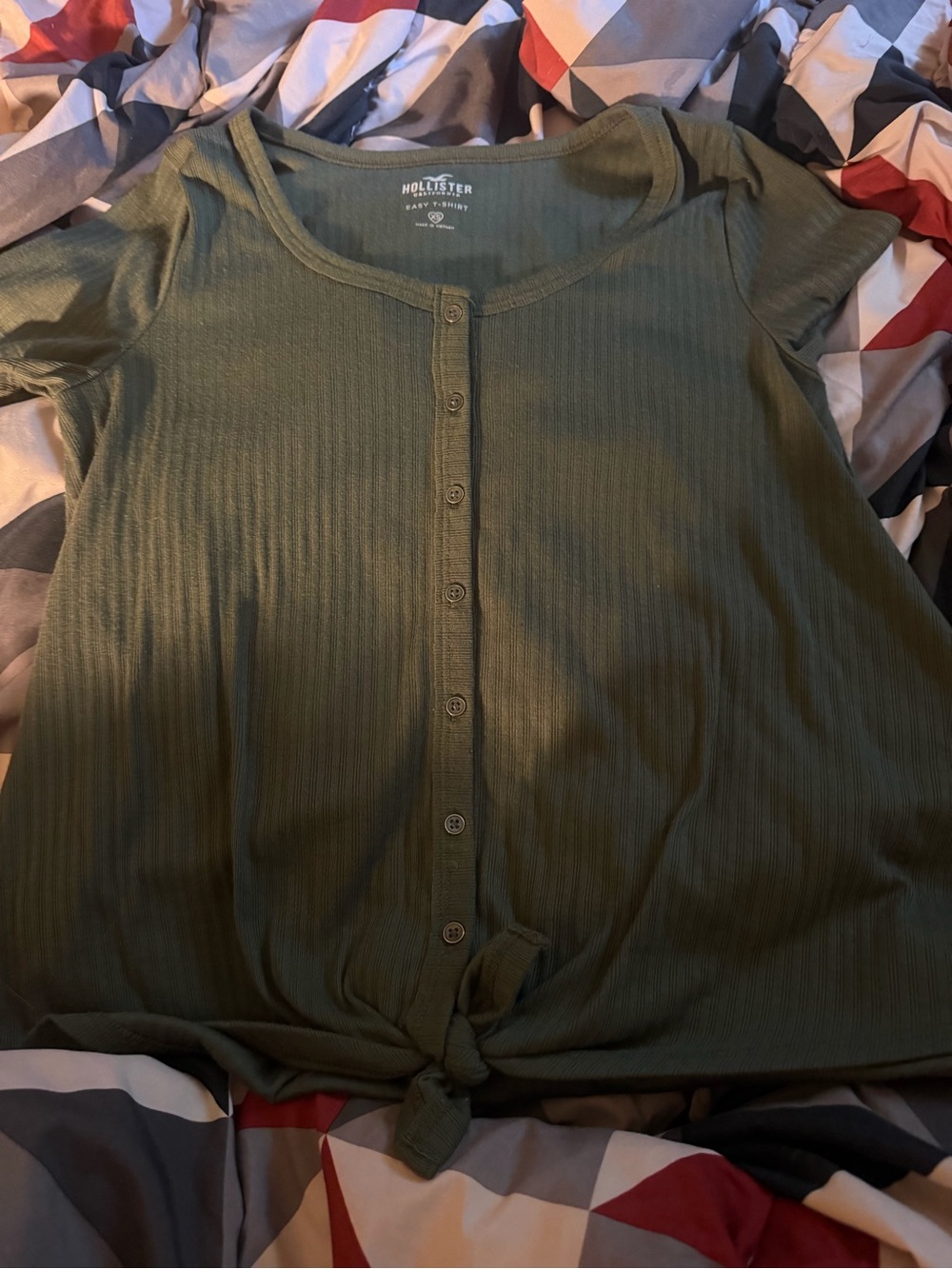 Hollister Olive Green Ribbed Button-Front Tie Hem Women’s Top